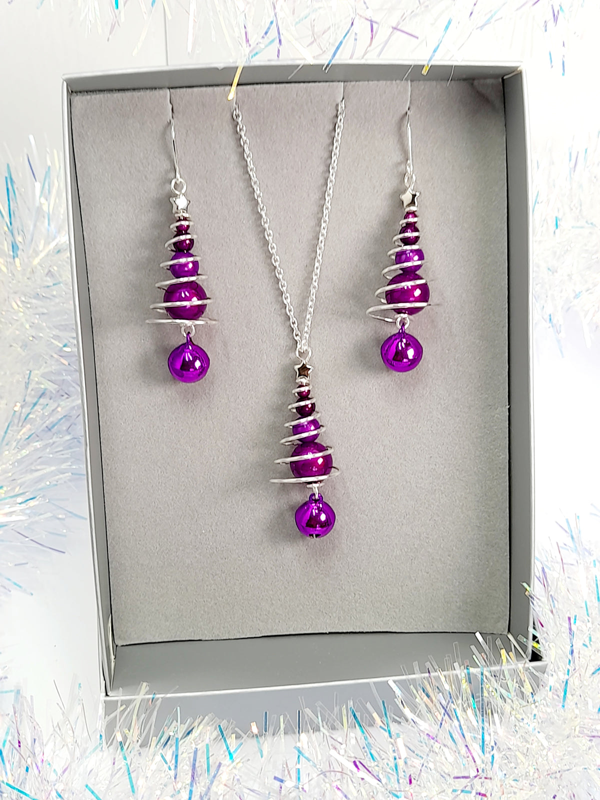 Purple Miracle Bead Christmas Tree Necklace with Purple Jingle Bell - Just My Jewellery Shop