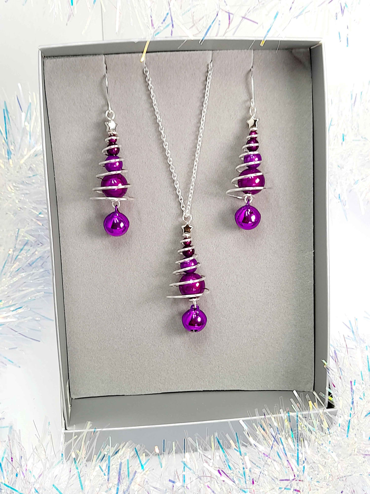 Purple Miracle Bead Christmas Tree Jewellery Set with Purple Jingle Bell
