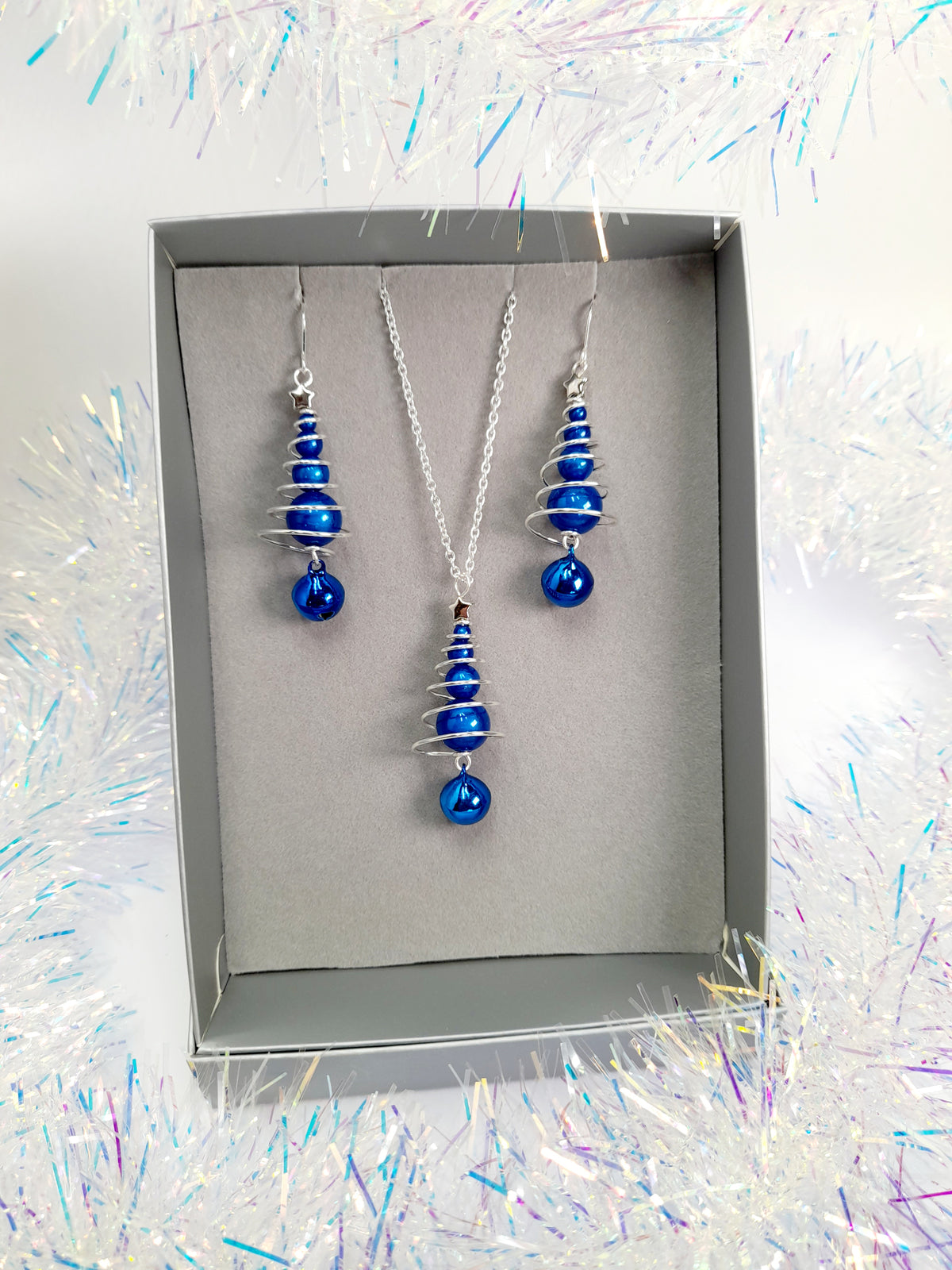 Blue Miracle Bead Christmas Tree Necklace with Blue Jingle Bell - Just My Jewellery Shop