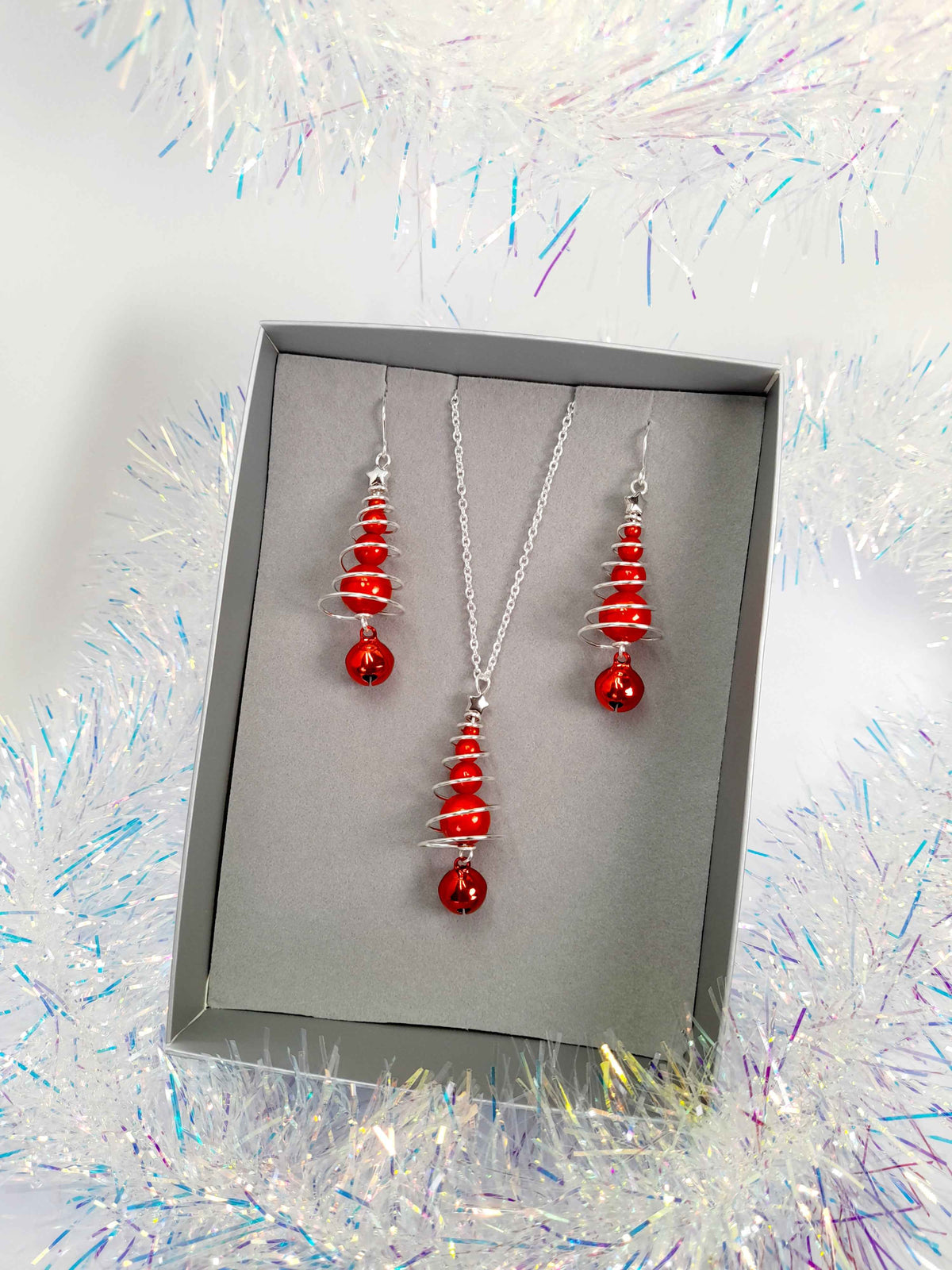 Red Miracle Bead Christmas Tree Jewellery Set with Red Jingle Bell