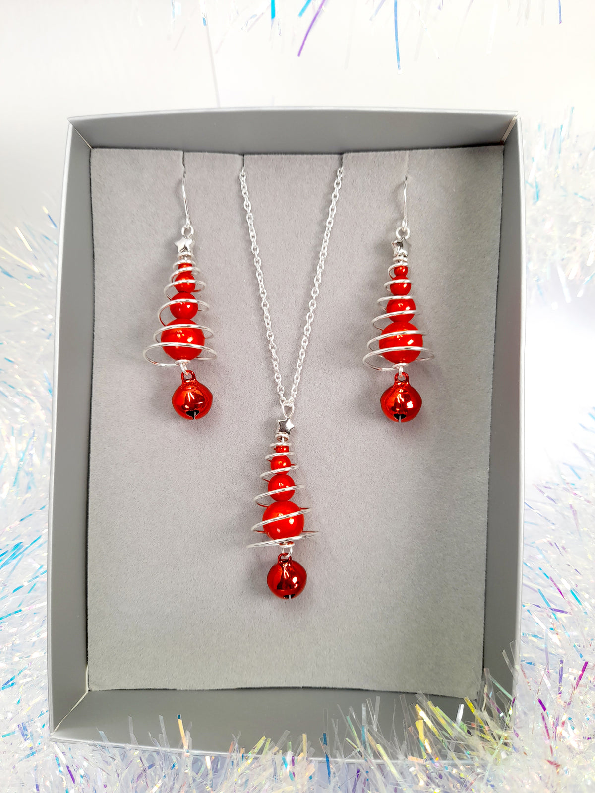 Red Miracle Bead Christmas Tree Earrings with Red Jingle Bell - Just My Jewellery Shop