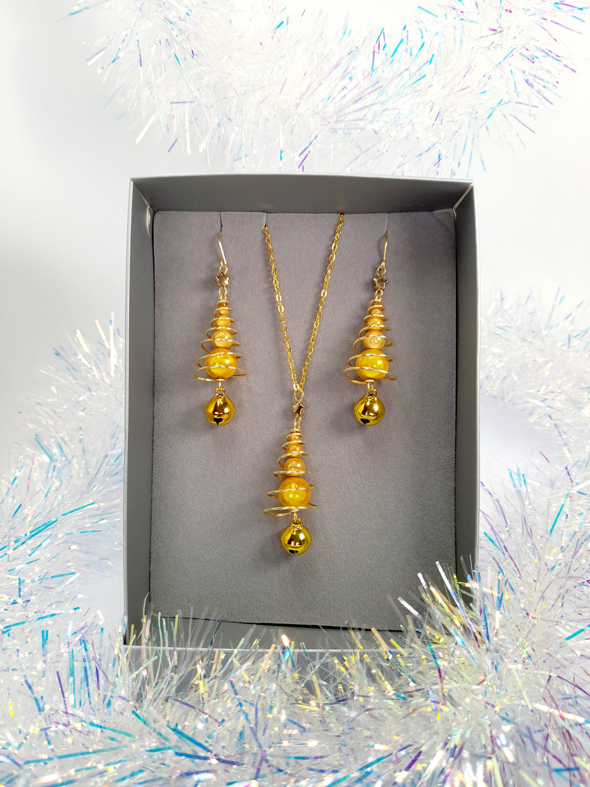 Gold Miracle Bead Christmas Tree Necklace with Gold Jingle Bell - Just My Jewellery Shop