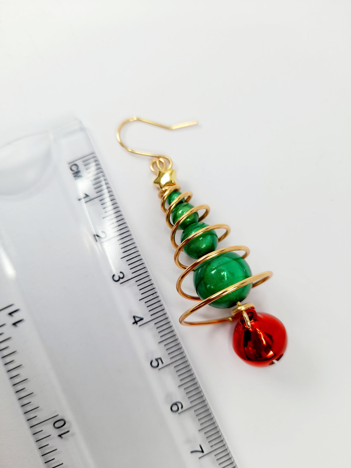 Green Miracle Bead Christmas Tree Earrings with Gold Wire and Red Jingle Bell - Just My Jewellery Shop