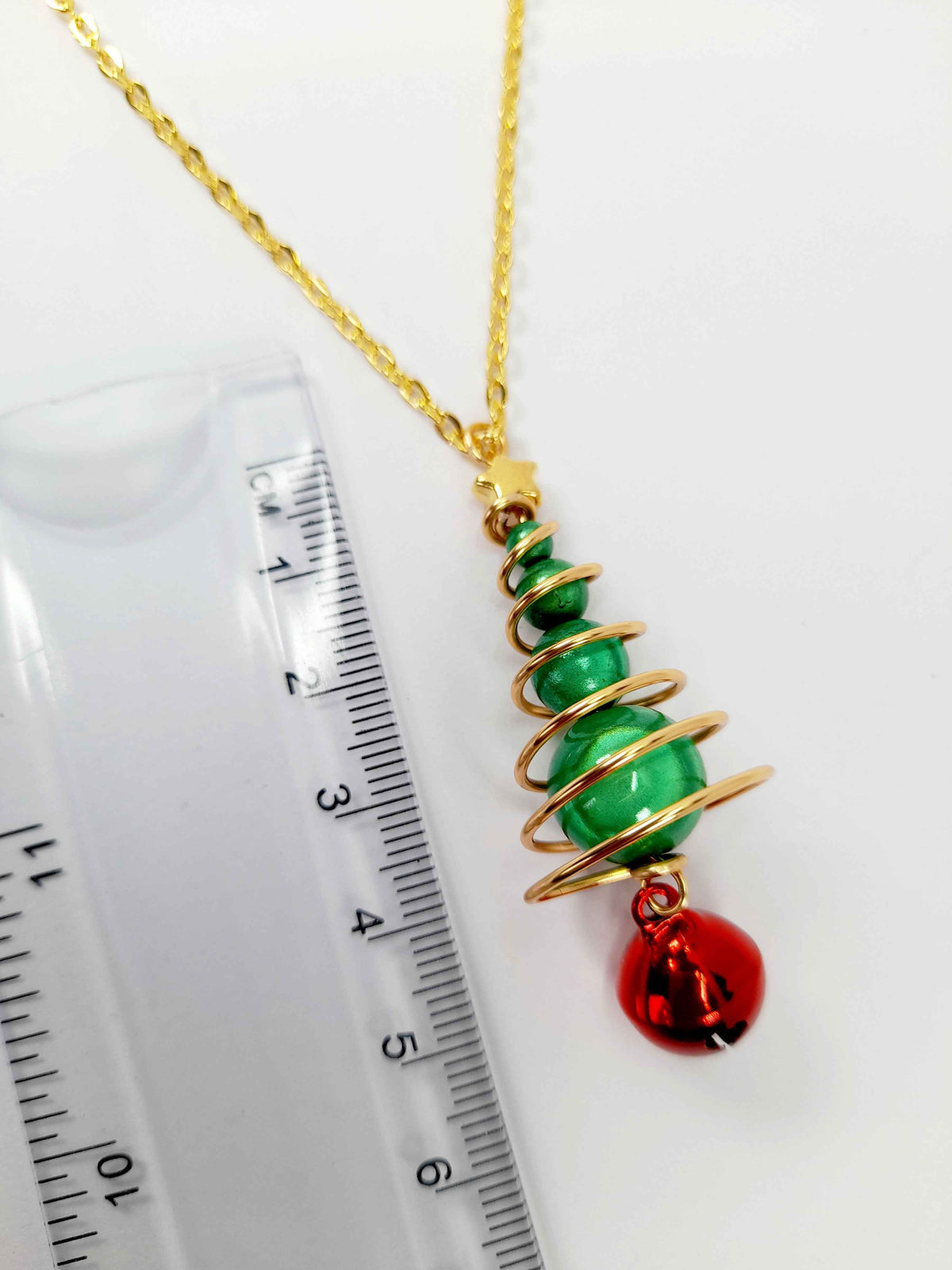 Green Miracle Bead Christmas Tree Necklace with Gold Wire and Red Jingle Bell