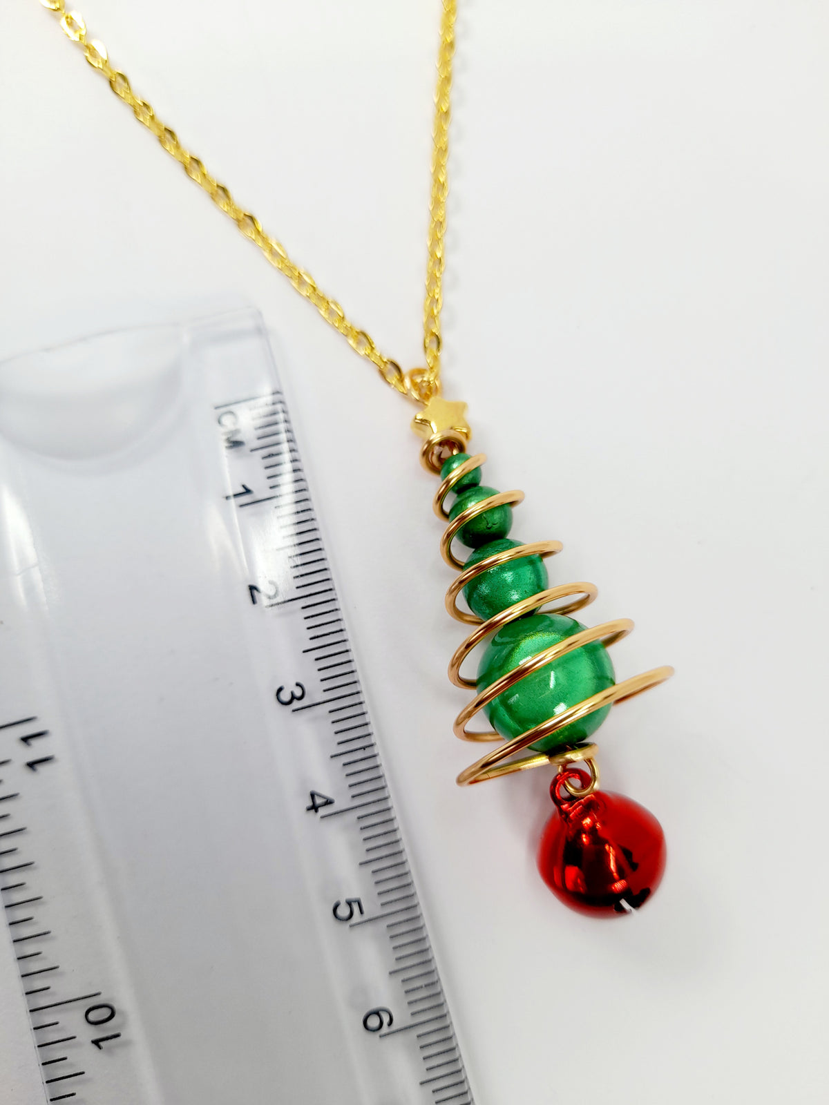 Green Miracle Bead Christmas Tree Jewellery Set with Gold Wire and Red Jingle Bell - Just My Jewellery Shop