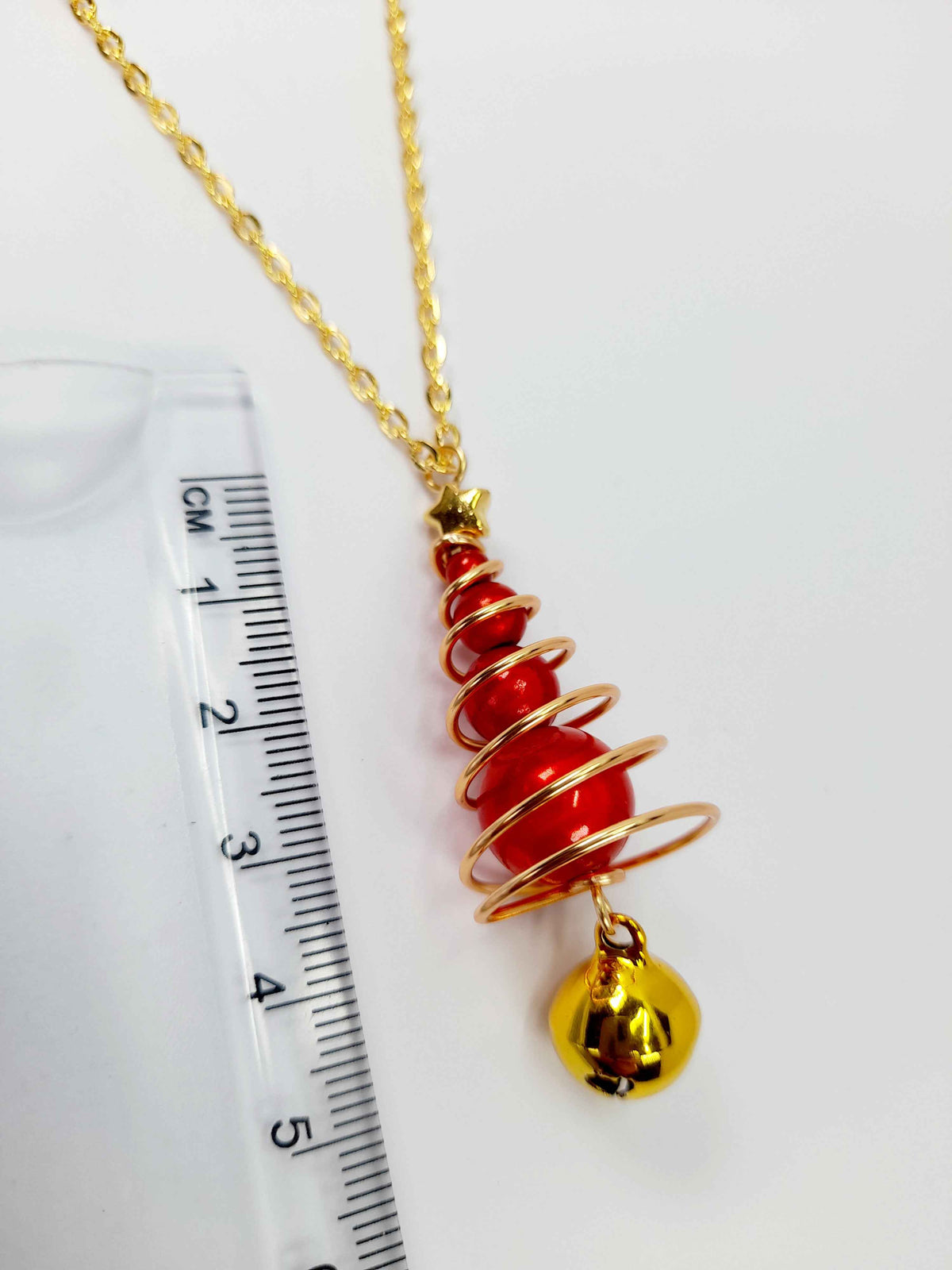 Red Miracle Bead Christmas Tree Necklace with Gold Star & Gold Jingle Bell