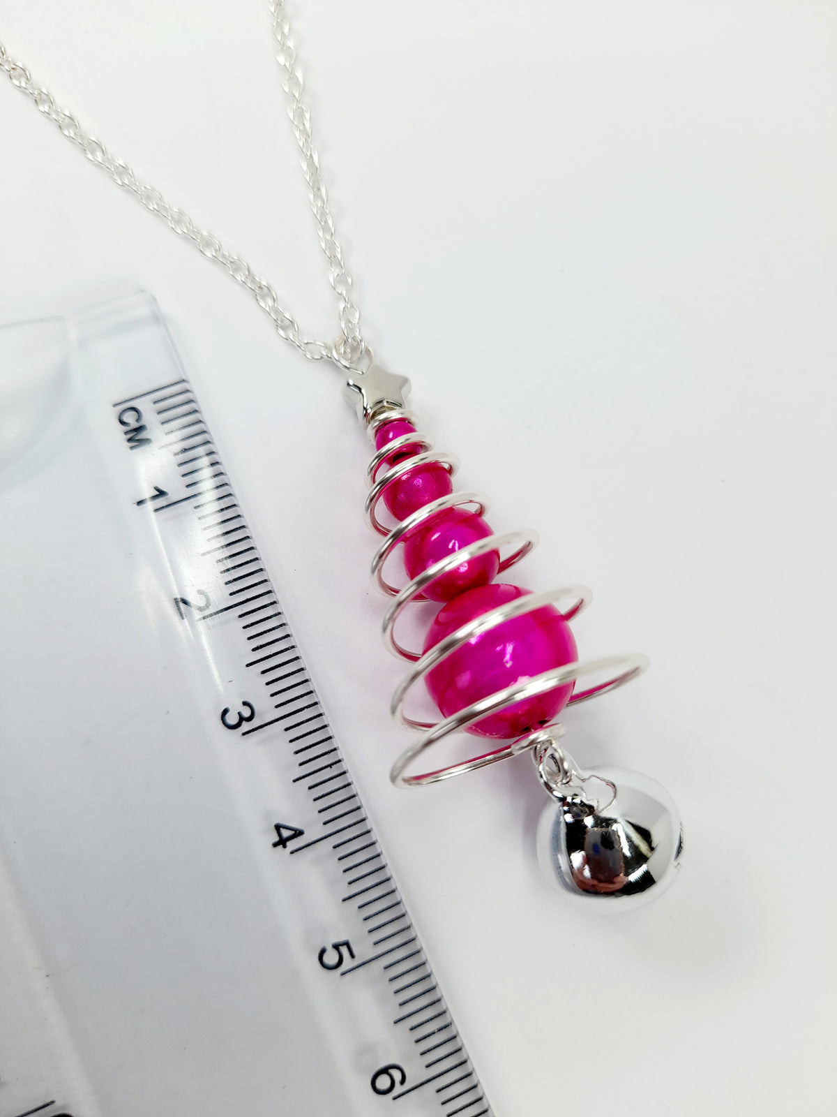 Hot Pink Miracle Bead Christmas Tree Necklace with Silver Jingle Bell - Just My Jewellery Shop