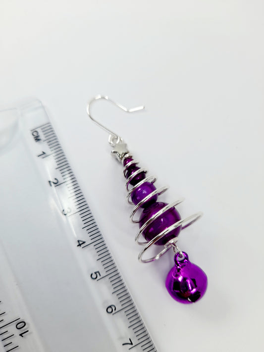 Purple Miracle Bead Christmas Tree Earrings with Purple Jingle Bell - Just My Jewellery Shop