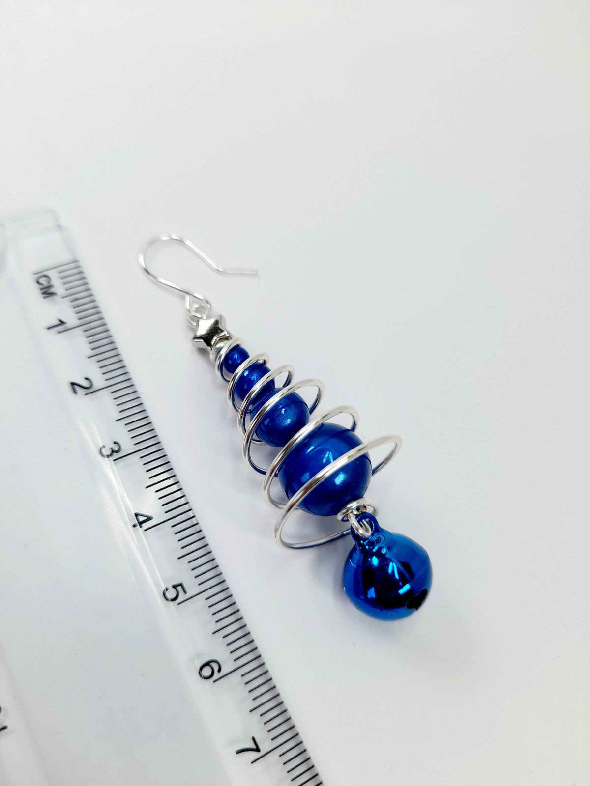 Blue Miracle Bead Christmas Tree Earrings with Blue Jingle Bell