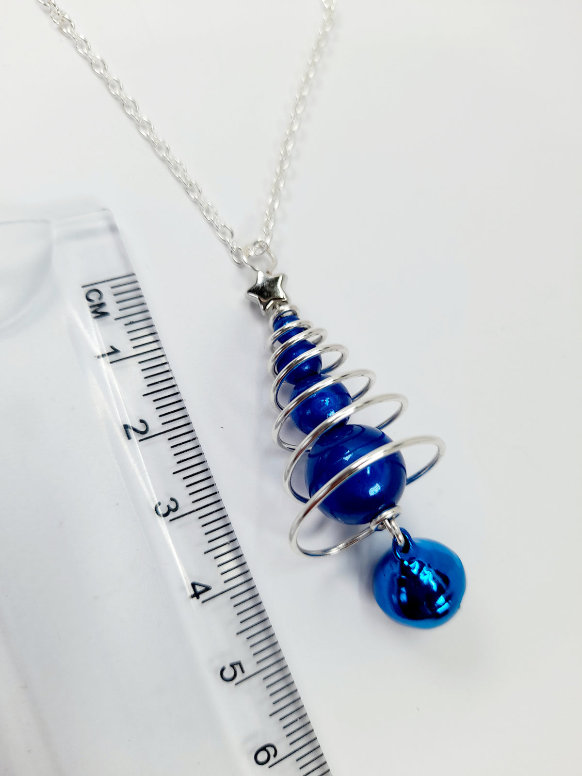 Blue Miracle Bead Christmas Tree Necklace with Blue Jingle Bell - Just My Jewellery Shop