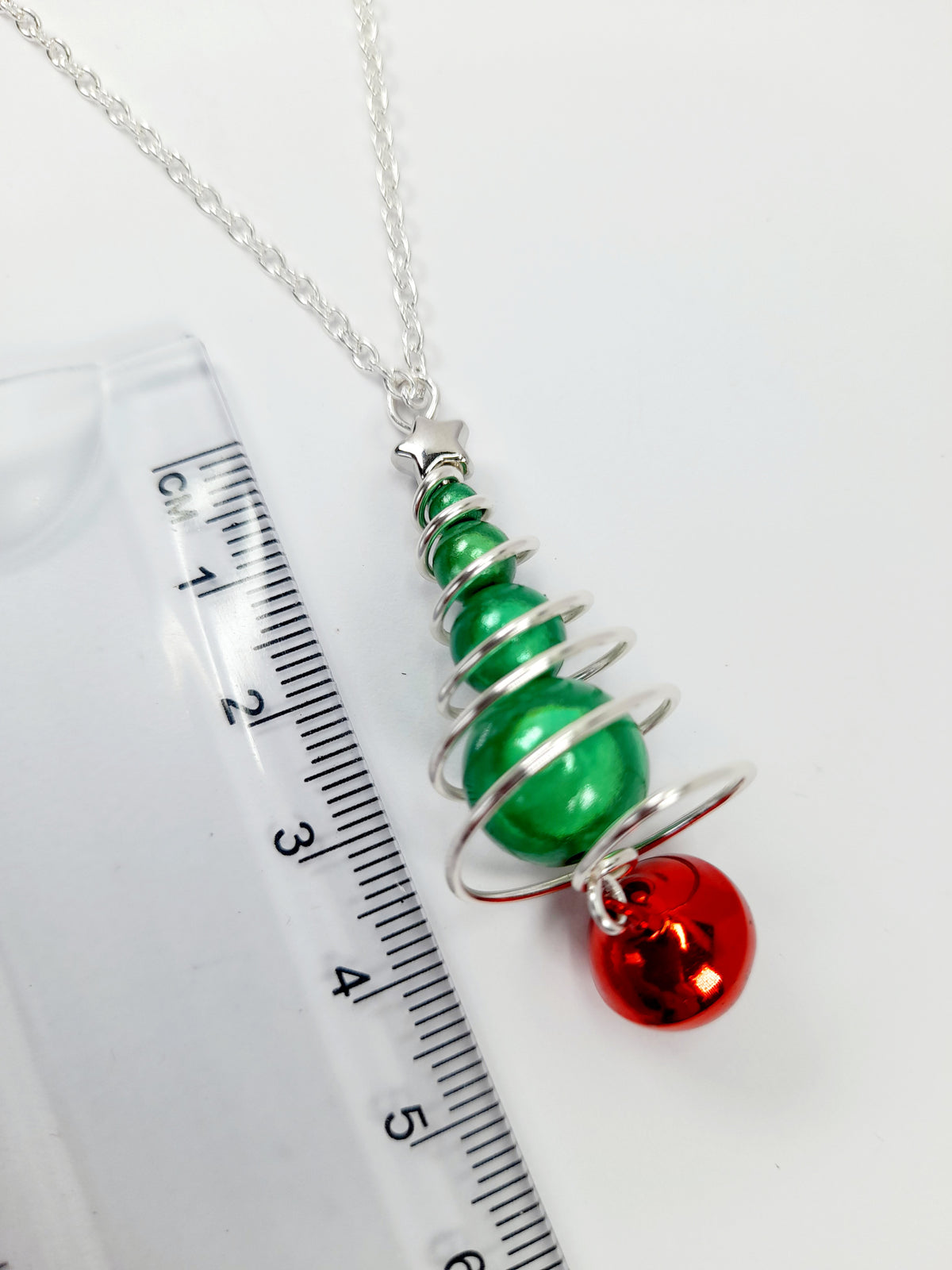 Green Miracle Bead Christmas Tree Necklace with Red Jingle Bell - Just My Jewellery Shop