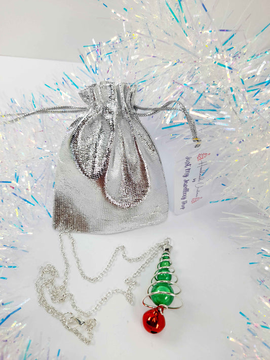 Green Miracle Bead Christmas Tree Necklace with Red Jingle Bell