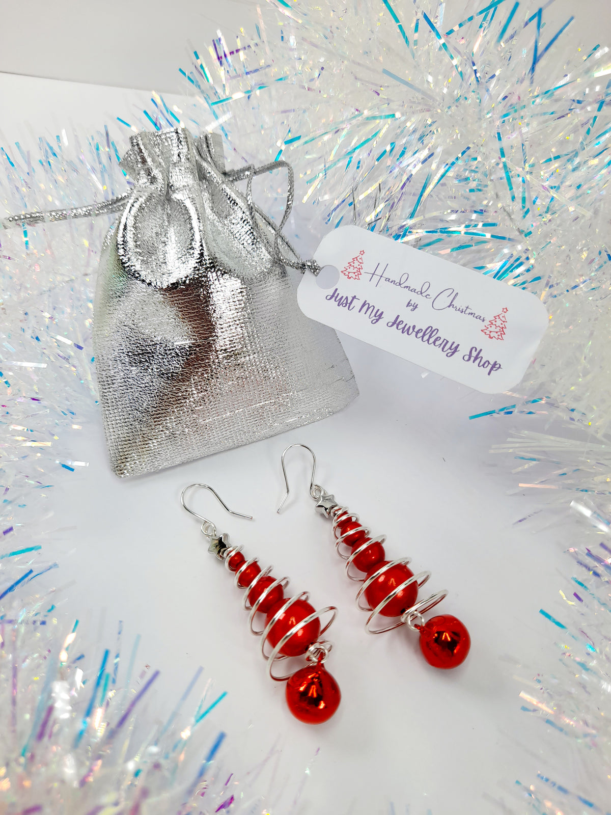 Red Miracle Bead Christmas Tree Earrings with Red Jingle Bell - Just My Jewellery Shop