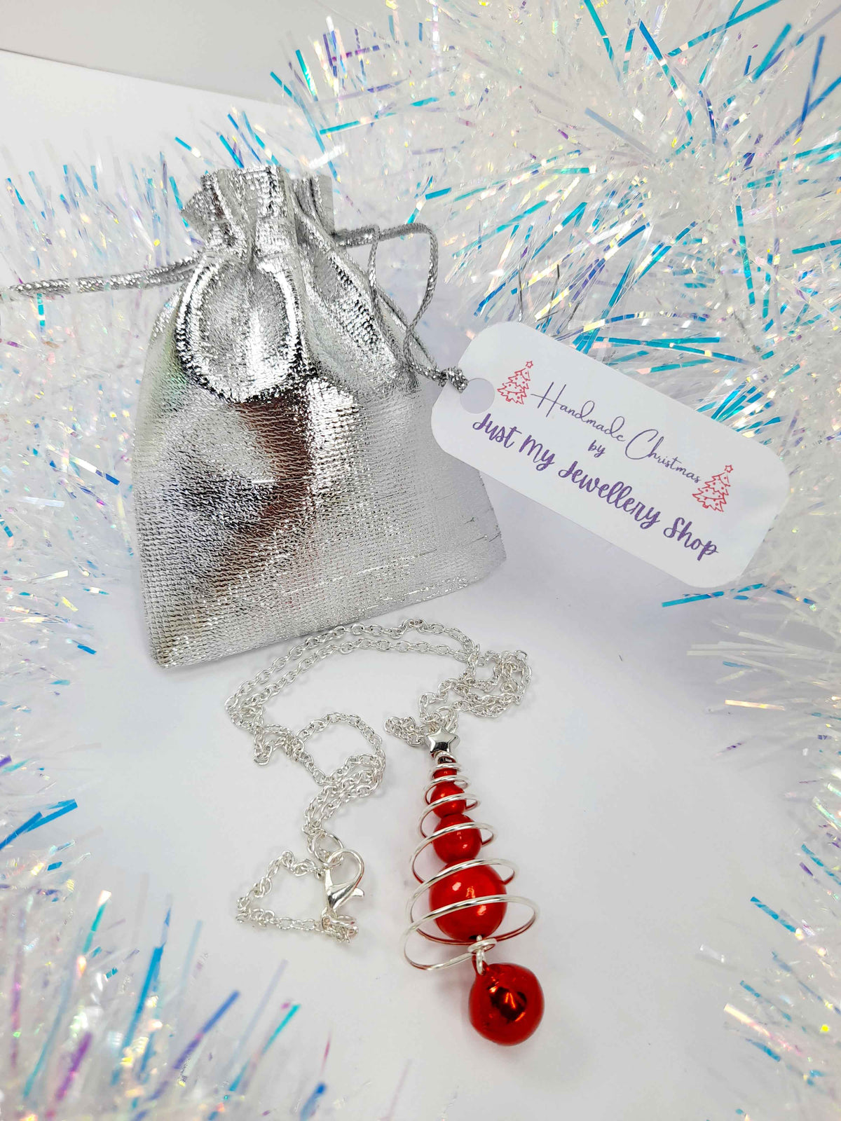 Red Miracle Bead Christmas Tree Necklace with Red Jingle Bell