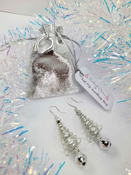 Silver Miracle Bead Christmas Tree Earrings with Jingle Bell