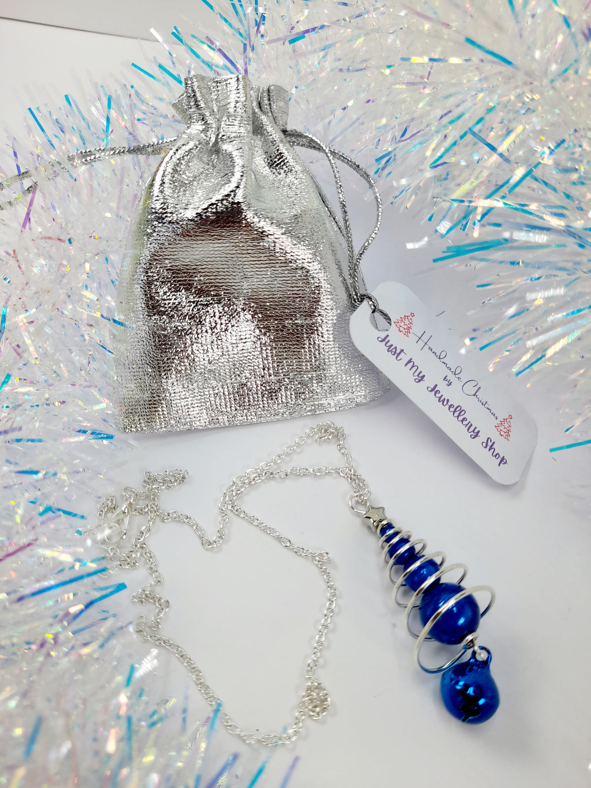 Blue Miracle Bead Christmas Tree Necklace with Blue Jingle Bell - Just My Jewellery Shop