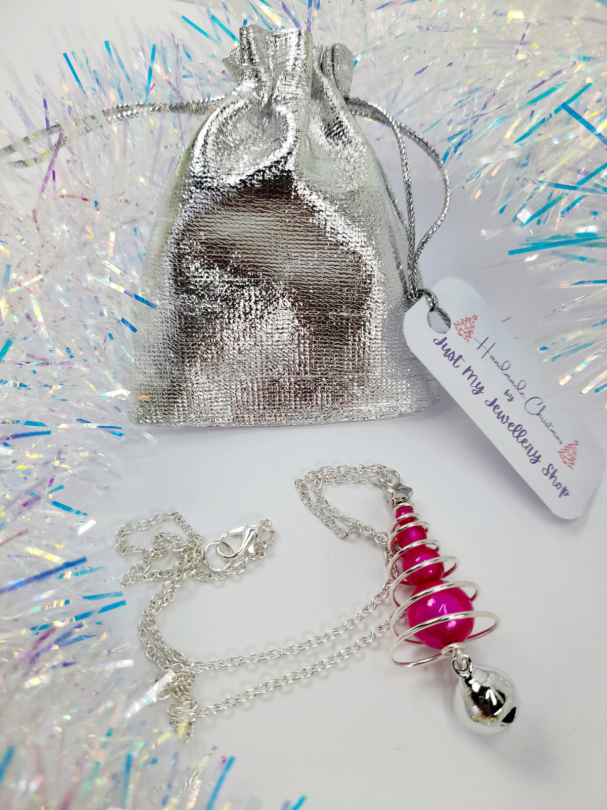 Hot Pink Miracle Bead Christmas Tree Necklace with Silver Jingle Bell - Just My Jewellery Shop
