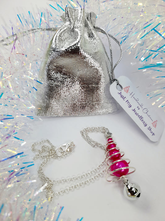 Hot Pink Miracle Bead Christmas Tree Necklace with Silver Jingle Bell - Just My Jewellery Shop