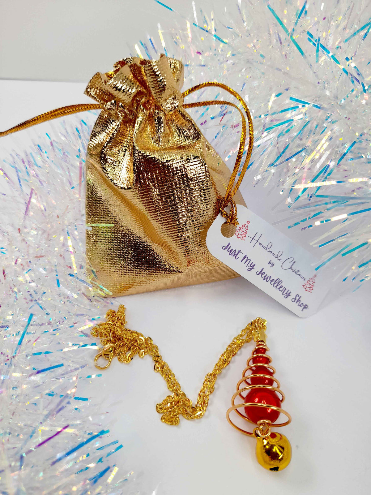 Red Miracle Bead Christmas Tree Necklace with Gold Star & Gold Jingle Bell