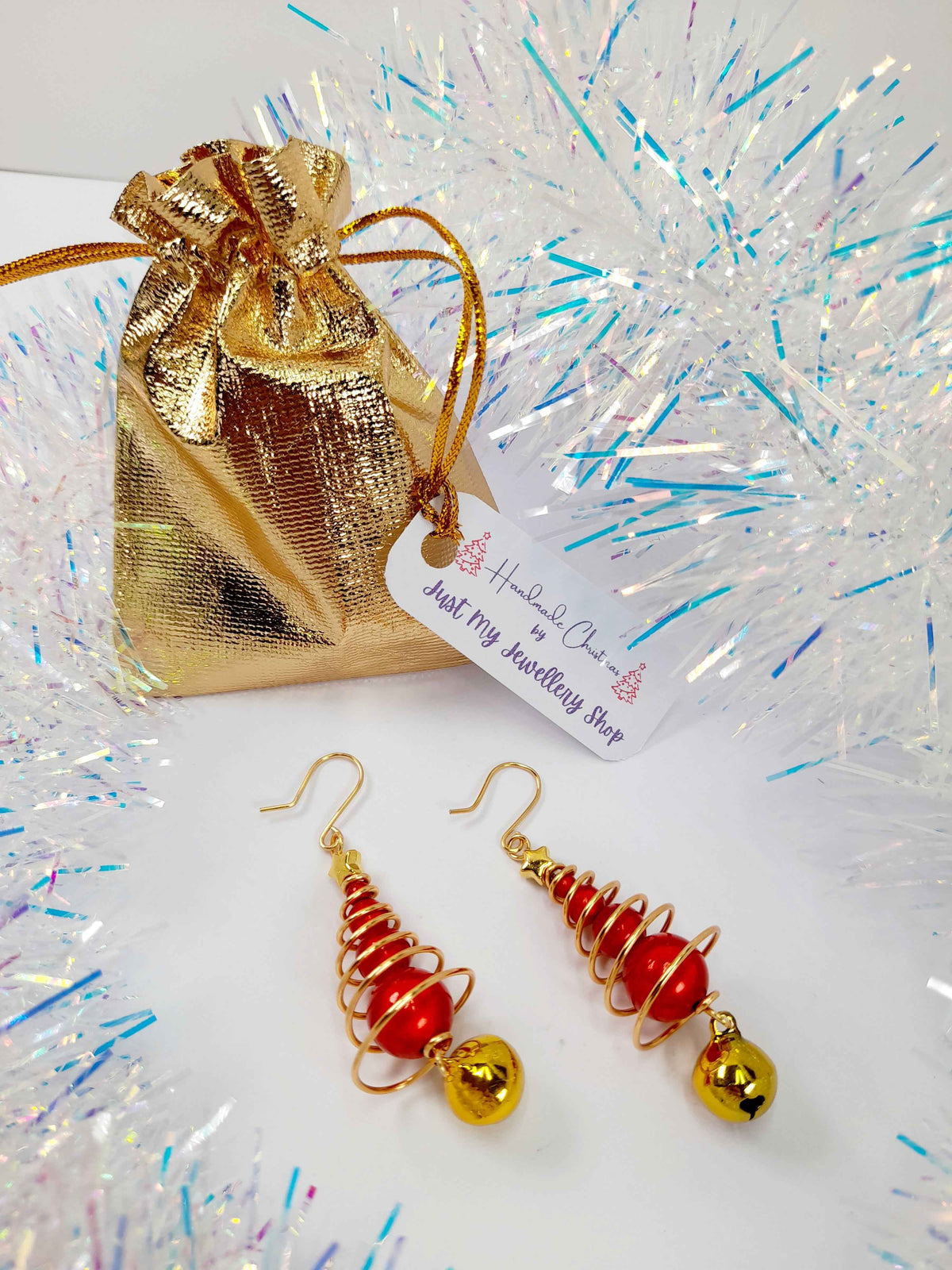 Red Miracle Bead Christmas Tree Earrings with Gold Star & Gold Jingle Bell