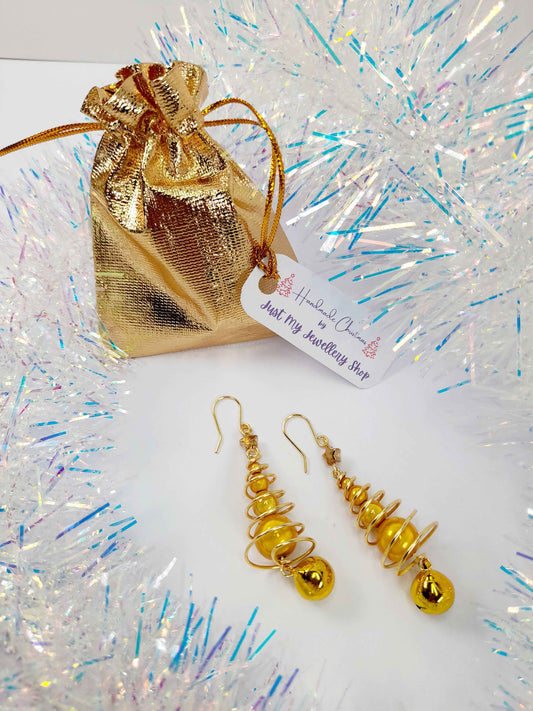 Gold Miracle Bead Christmas Tree Earrings with Gold Jingle Bell