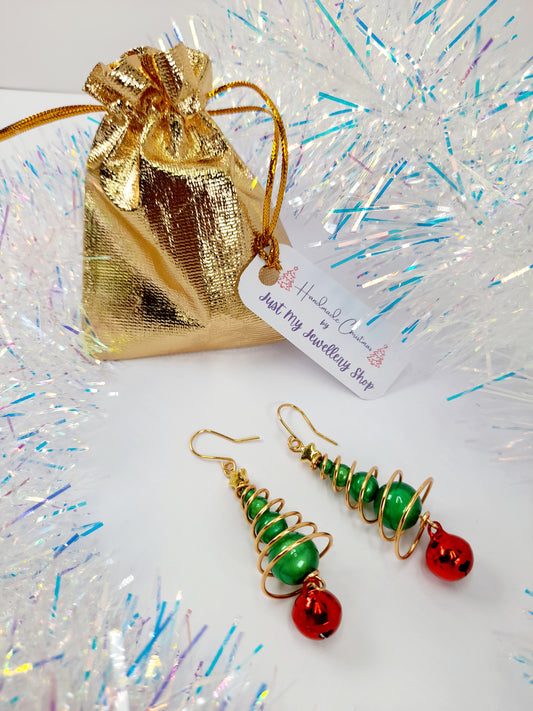 Green Miracle Bead Christmas Tree Earrings with Gold Wire and Red Jingle Bell - Just My Jewellery Shop