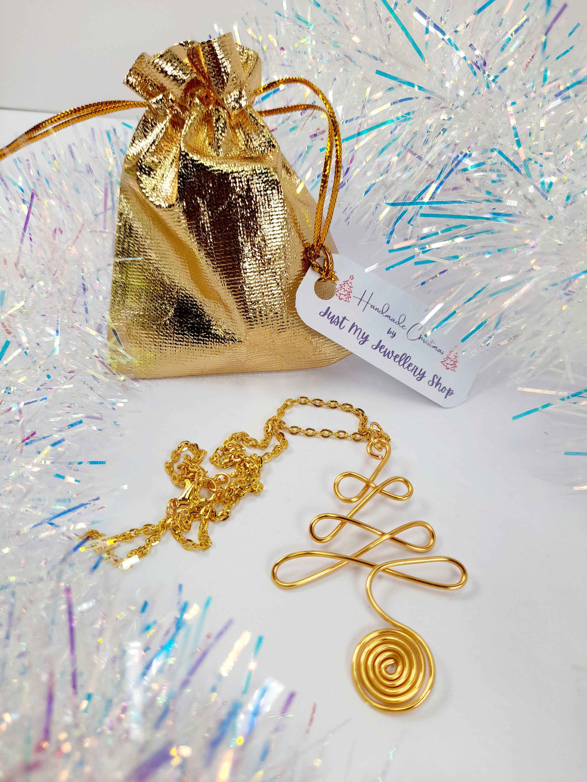 Gold Wire Wrapped Christmas Tree Necklace