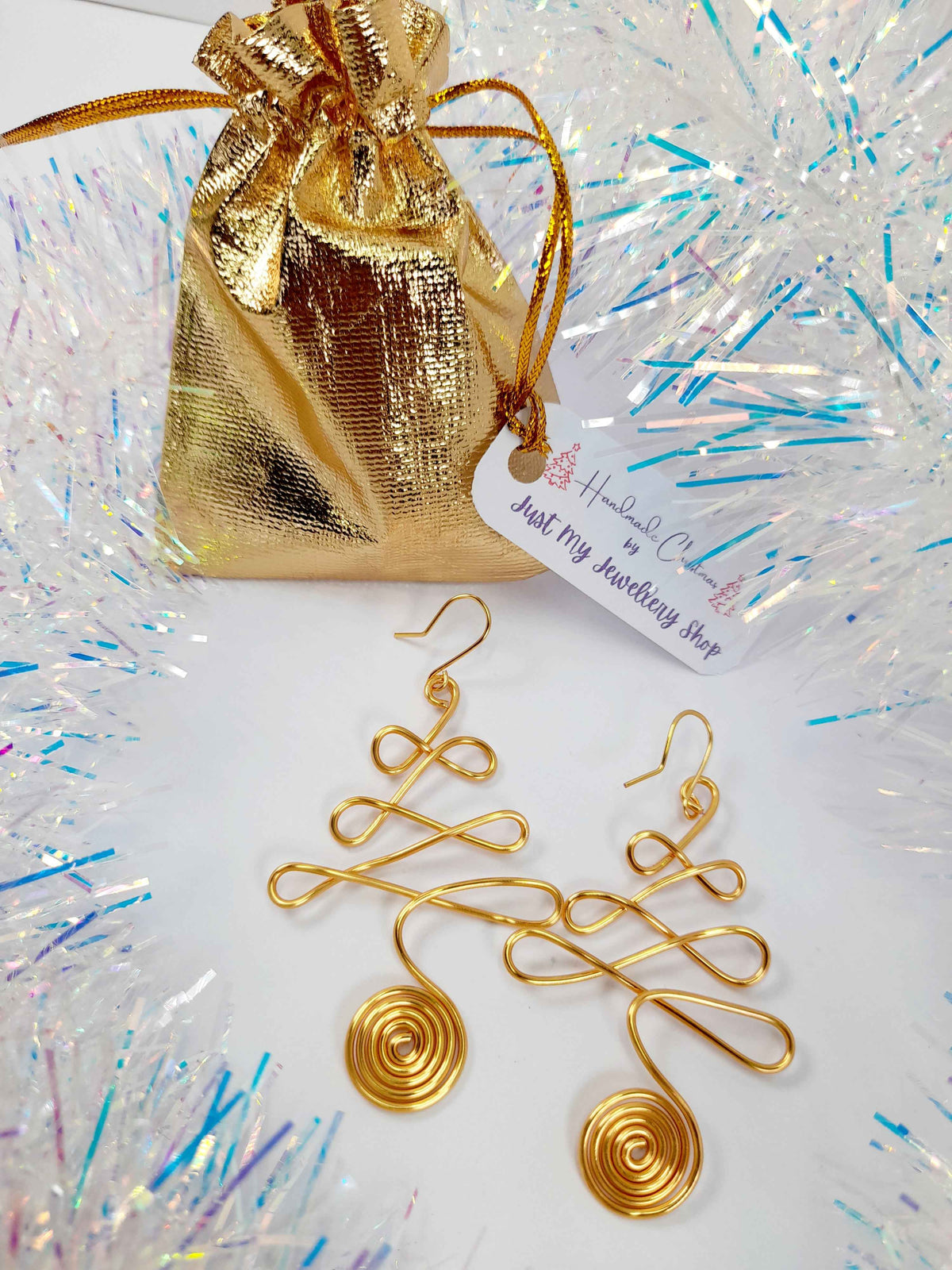 Gold Wire Wrapped Christmas Tree Earrings