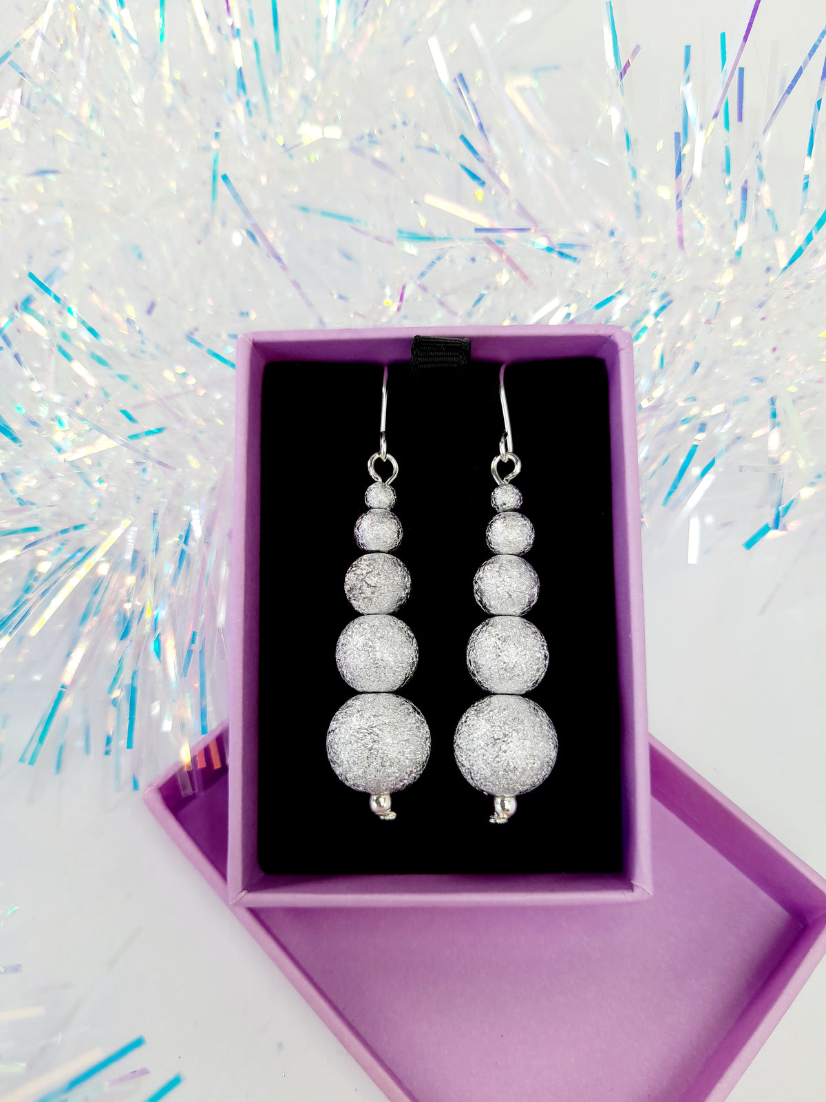 Christmas Silver Sparkly Drop Earrings with Graduated Bead Stack - Just My Jewellery Shop