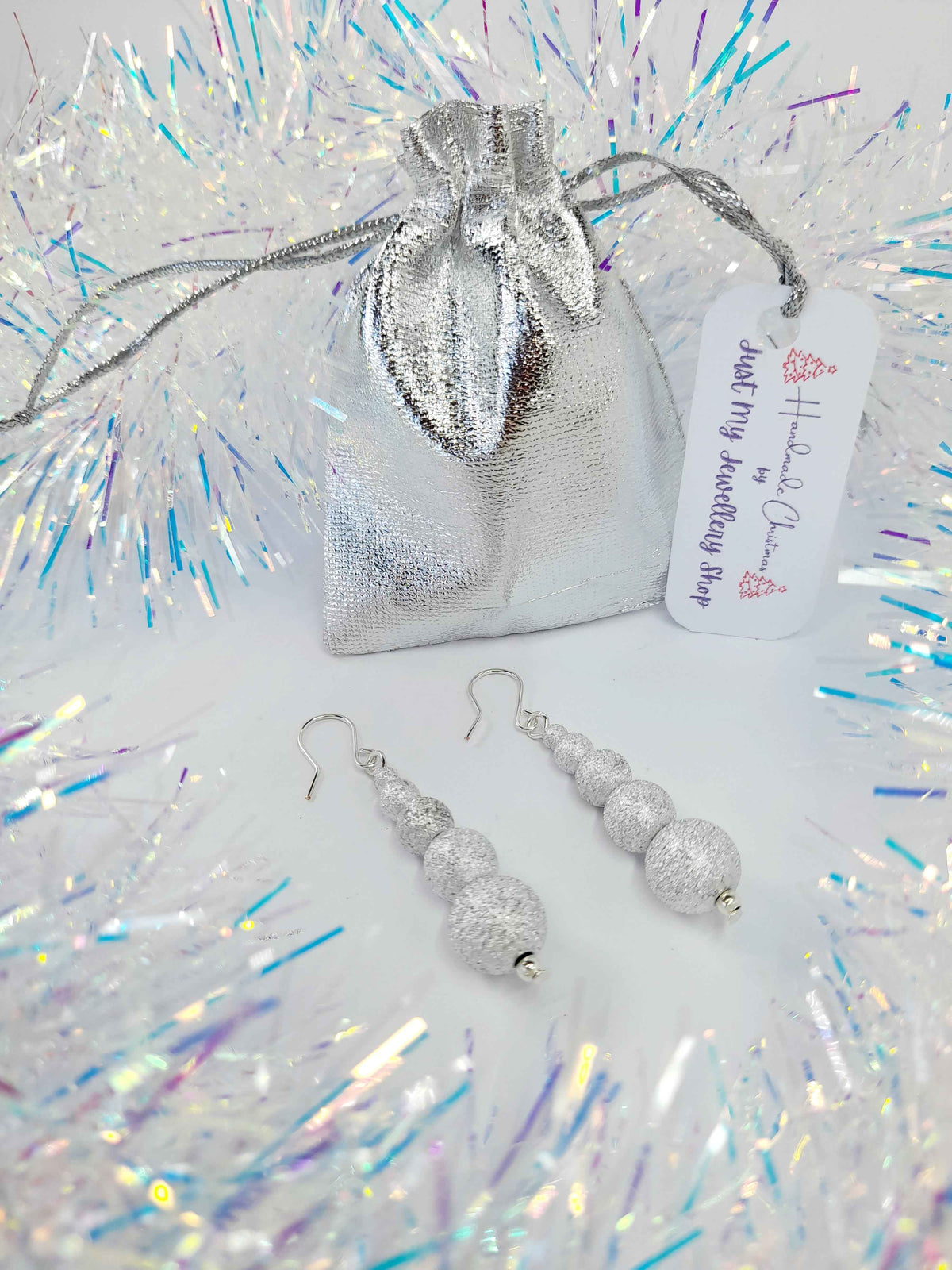 Christmas Silver Sparkly Drop Earrings with Graduated Bead Stack
