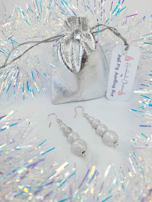Christmas Silver Sparkly Drop Earrings with Graduated Bead Stack