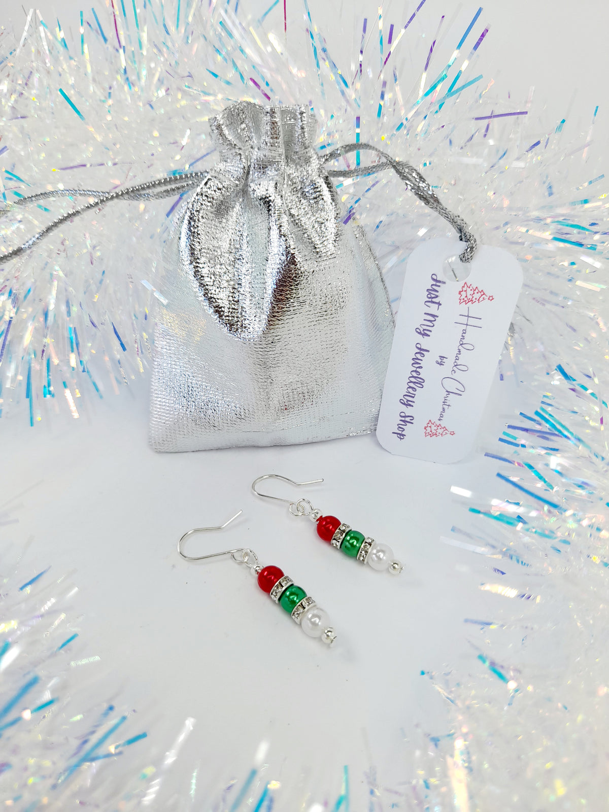 Christmas Pearl Drop Earrings in Red White and Green with Rhinestone Spacers - Just My Jewellery Shop