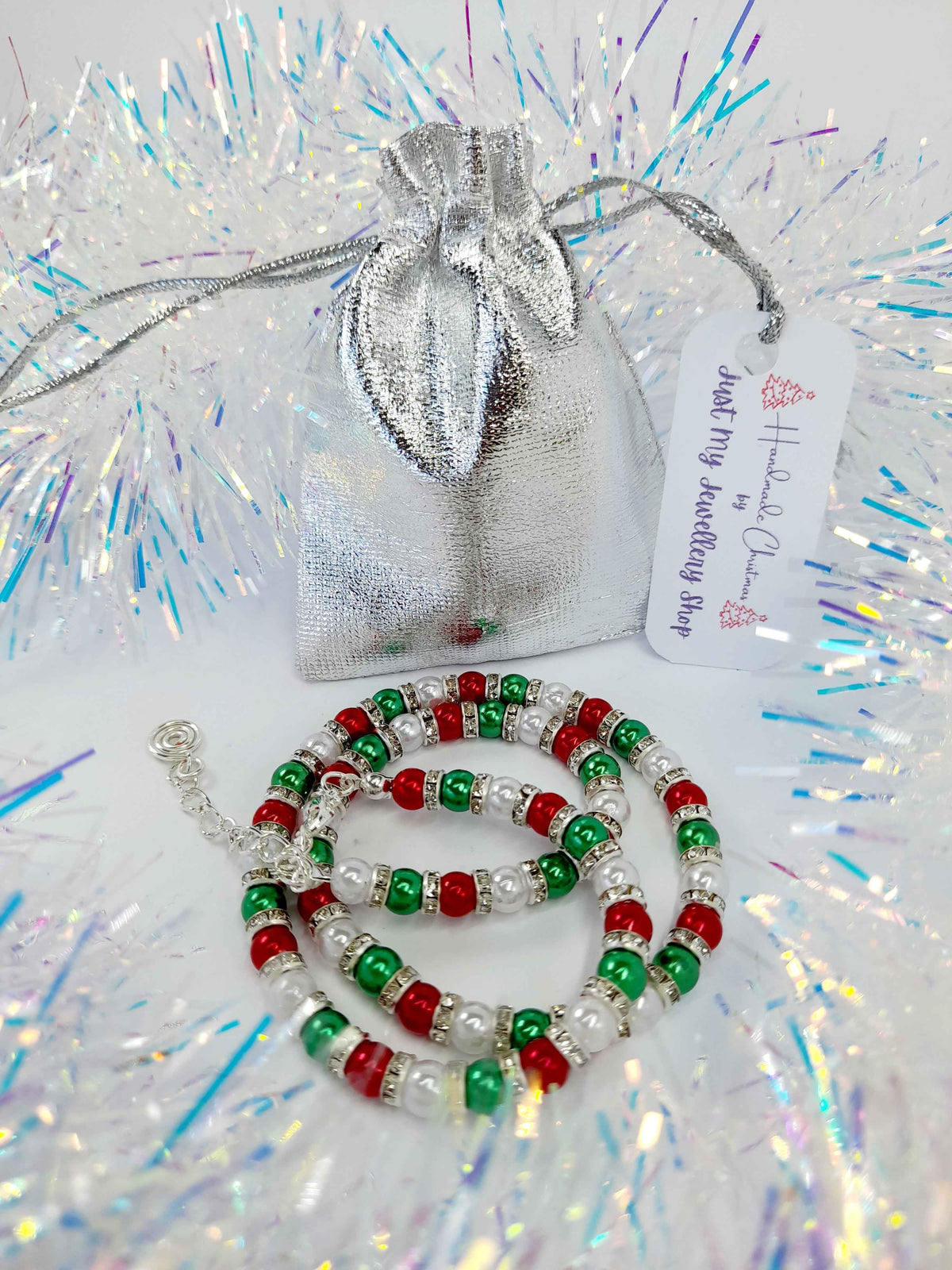 Christmas Pearl Bead Necklace in Red White and Green with Rhinestone Spacers