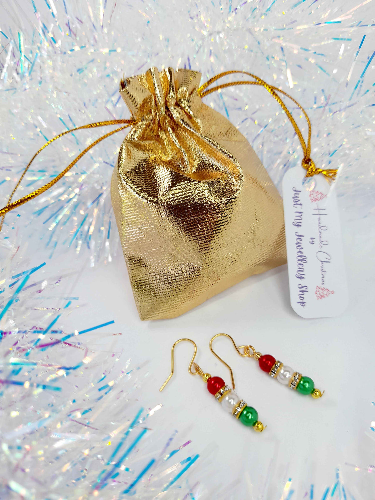 Christmas Pearl Drop Earrings in Red White and Green with Gold Rhinestone Spacers