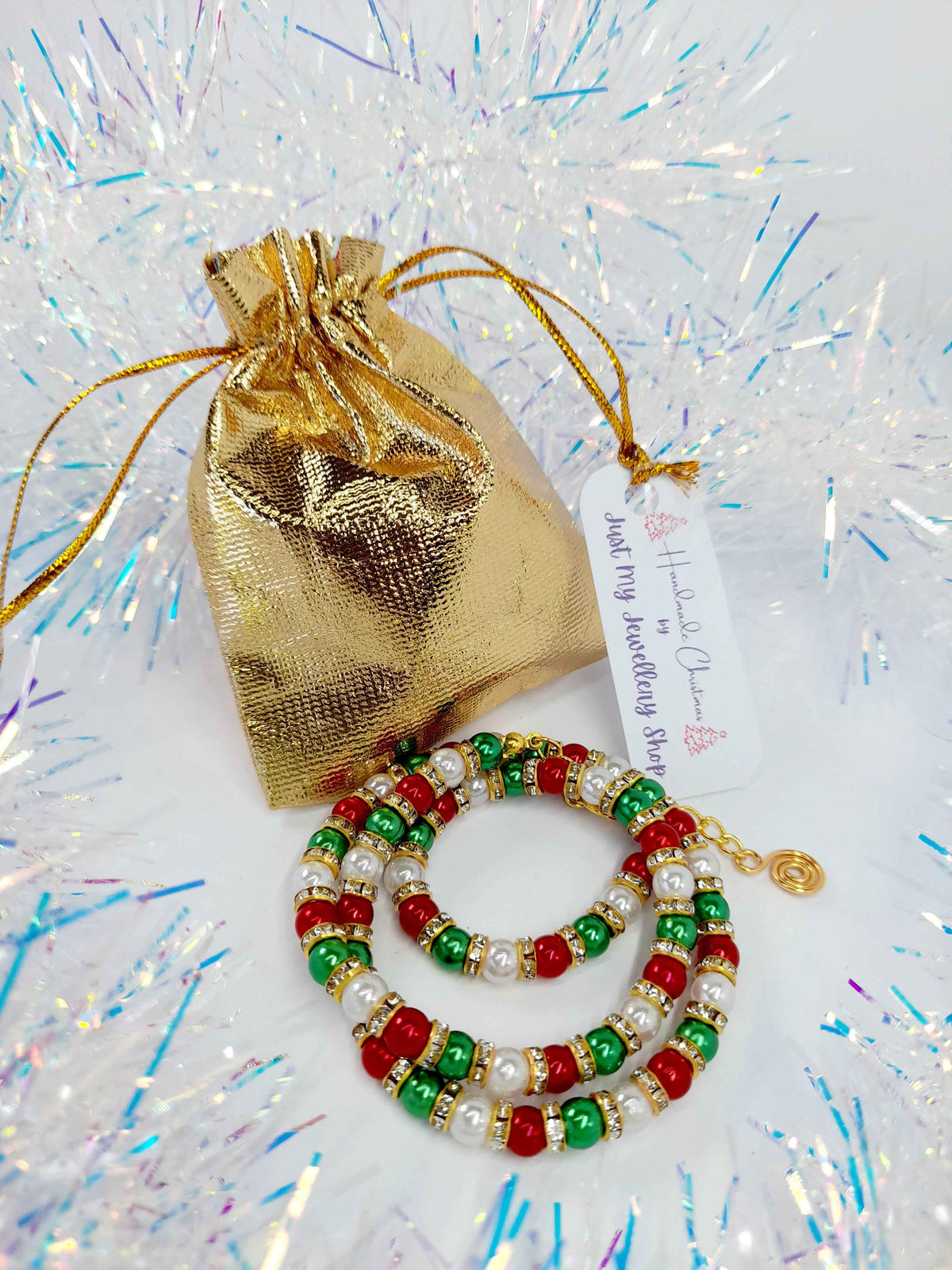 Christmas Pearl Bead Necklace in Red White and Green with Gold Rhinestone Spacers