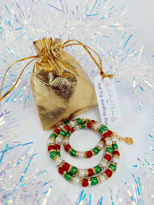 Christmas Pearl Bead Necklace in Red White and Green with Gold Rhinestone Spacers