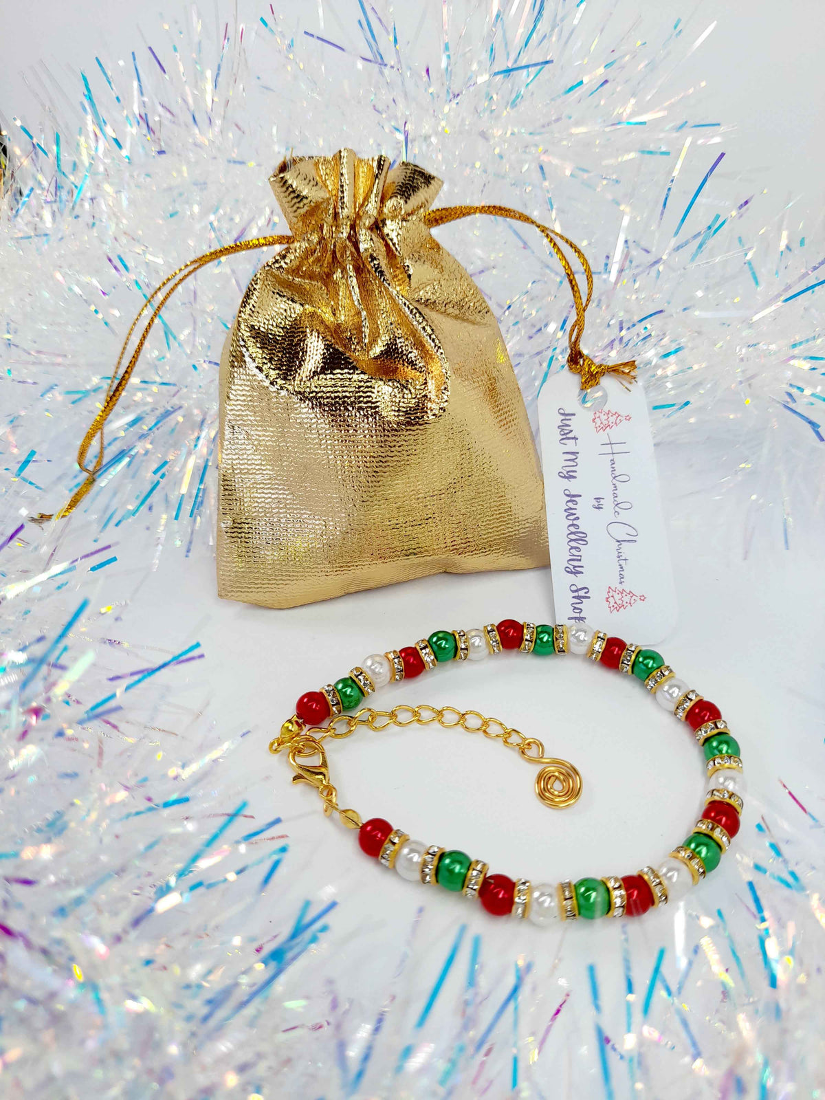 Christmas Pearl Bead Bracelet in Red White and Green with Gold Rhinestone Spacers