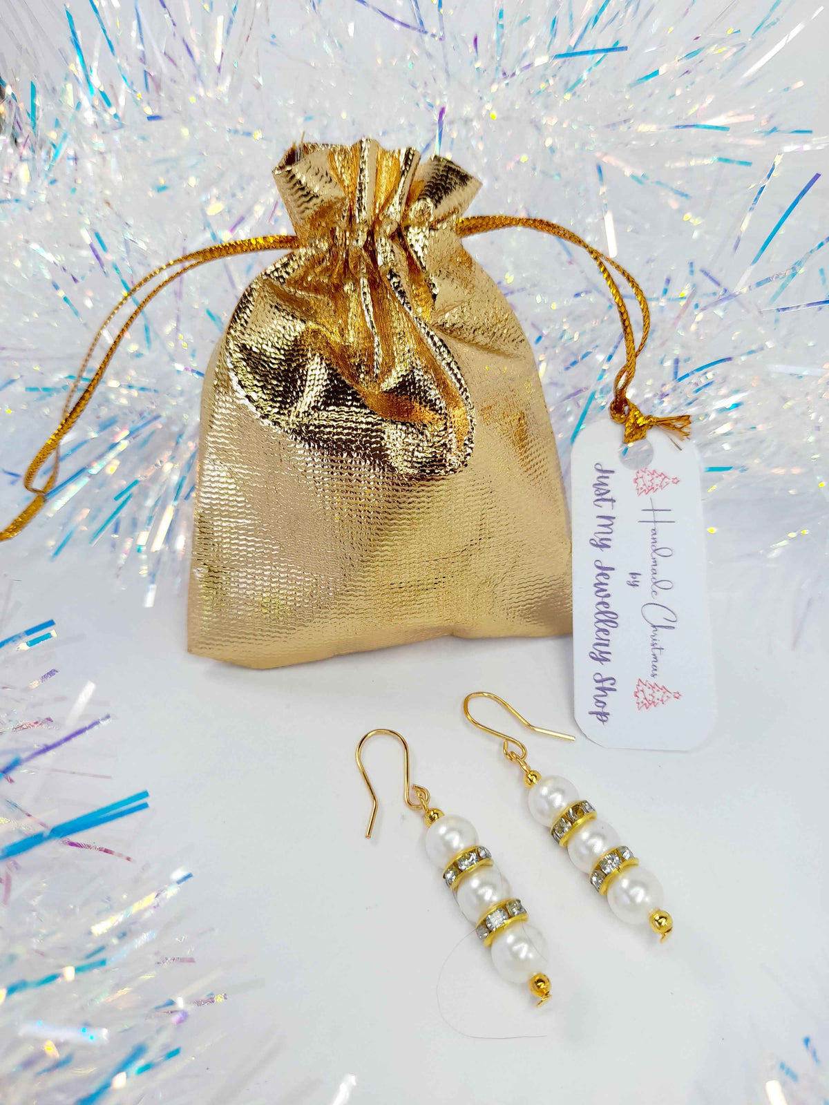 White Pearl and Gold Rhinestone Christmas Drop Earrings