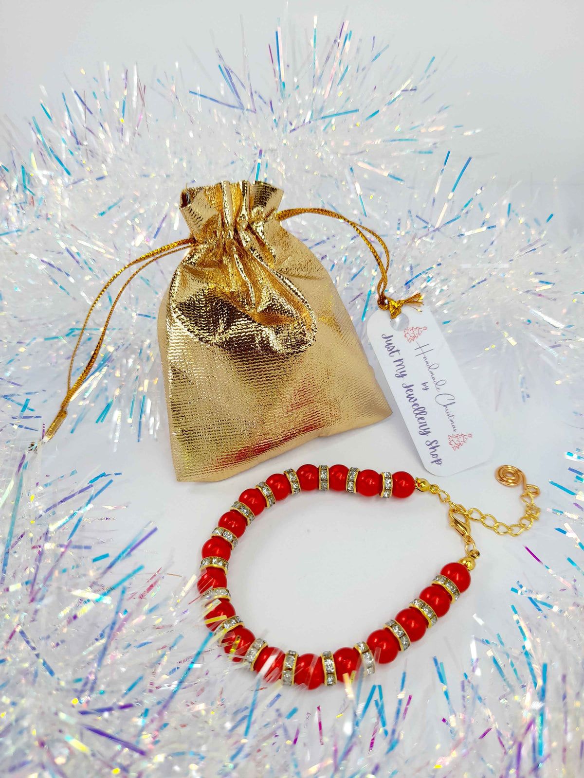 Red Pearl and Gold Rhinestone Christmas Bracelet