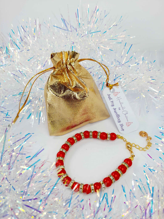 Red Pearl and Gold Rhinestone Christmas Bracelet