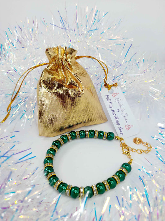 Green Pearl and Gold Rhinestone Christmas Bracelet
