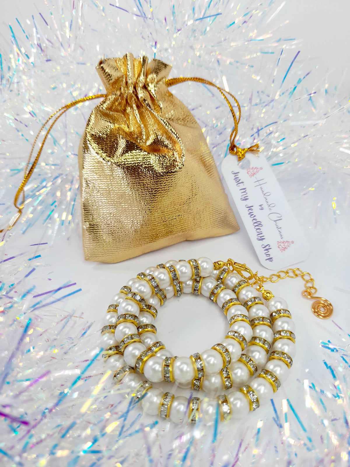 White Pearl and Gold Rhinestone Christmas Necklace