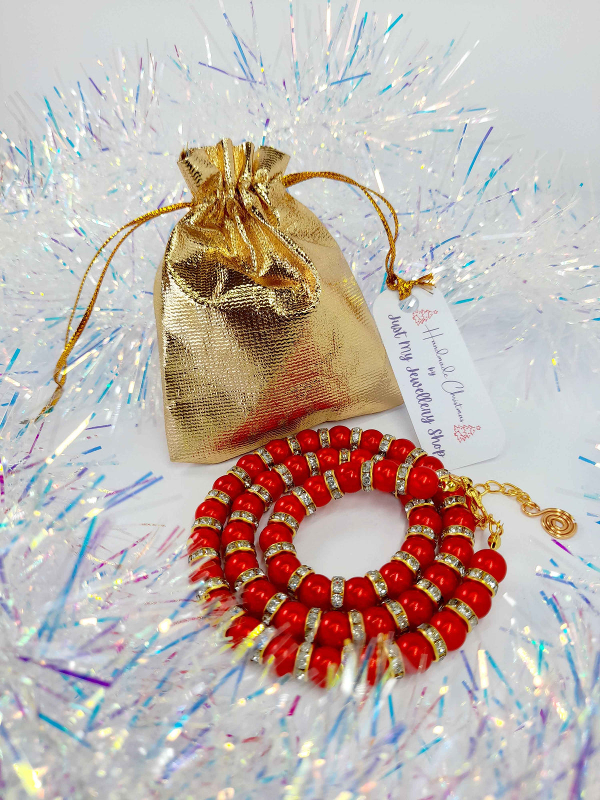 Red Pearl and Gold Rhinestone Christmas Necklace