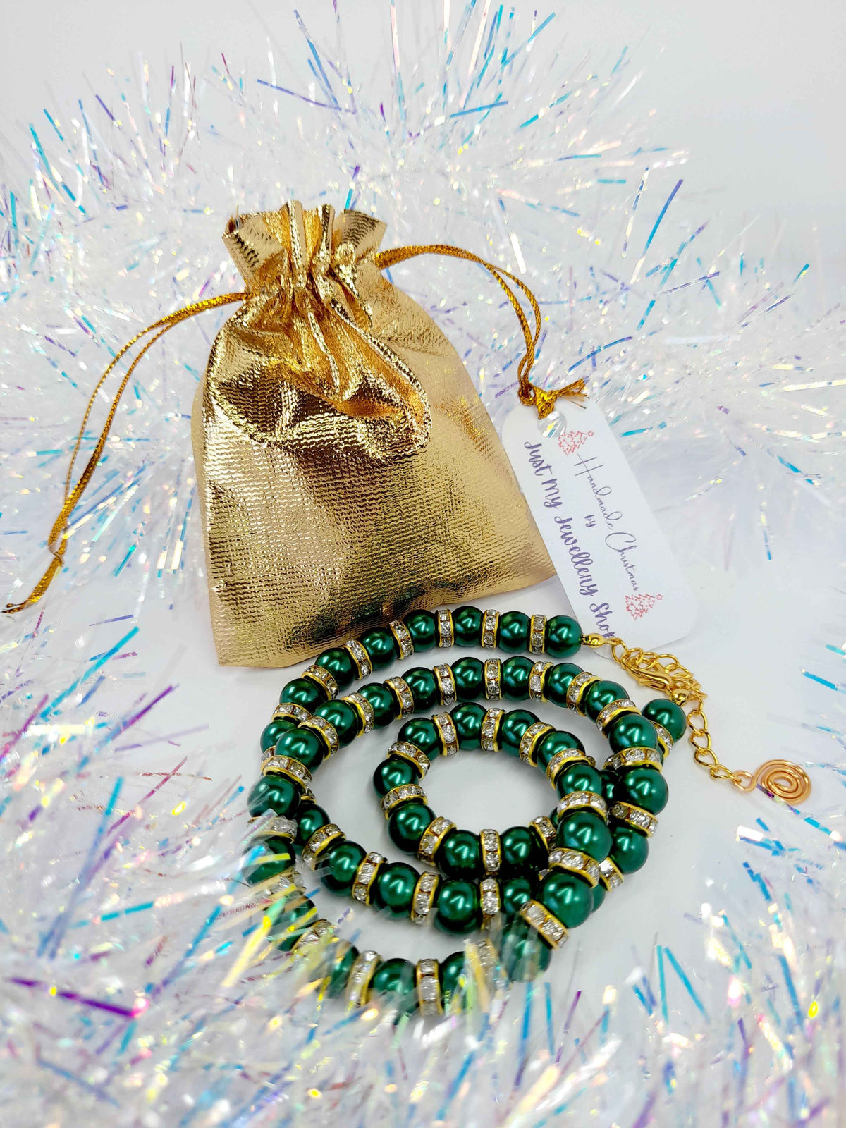 Green Pearl and Gold Rhinestone Christmas Necklace