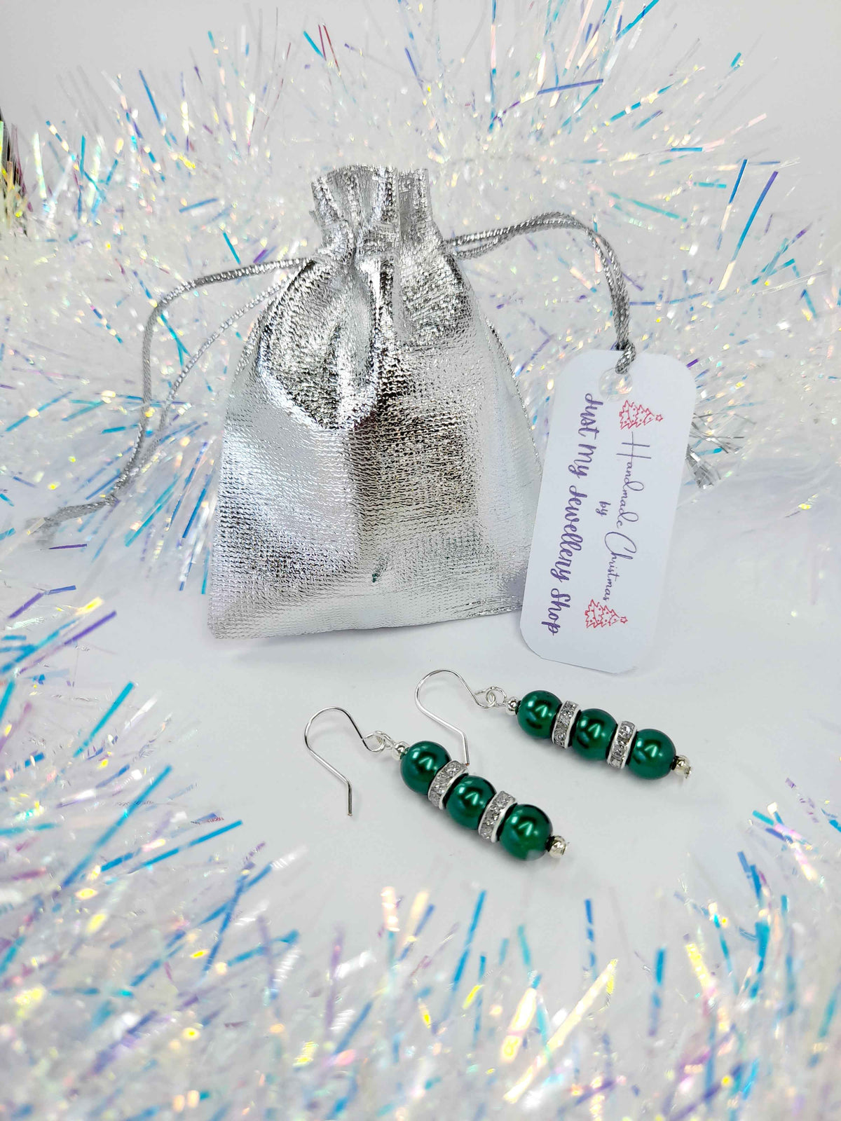 Green Pearl and Silver Rhinestone Christmas Drop Earrings