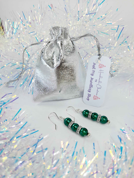 Green Pearl and Silver Rhinestone Christmas Drop Earrings