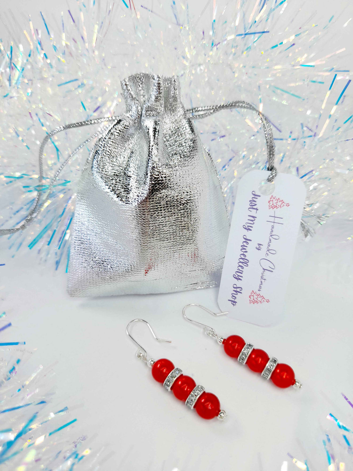 Red Pearl and Silver Rhinestone Christmas Drop Earrings