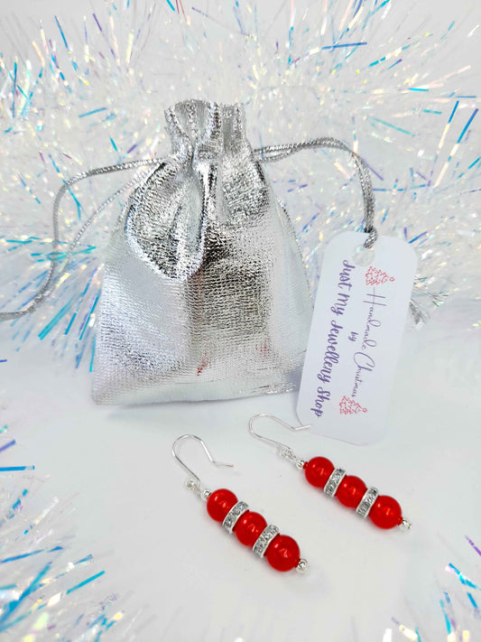 Red Pearl and Silver Rhinestone Christmas Drop Earrings
