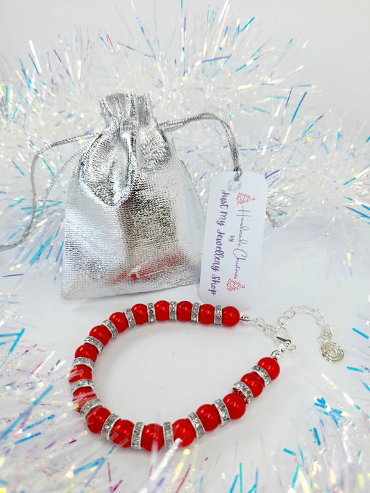 Red Pearl and Rhinestone Christmas Bracelet