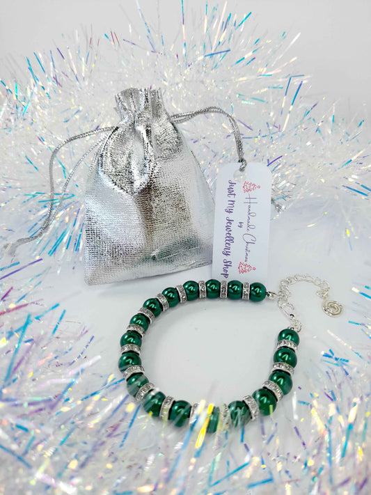 Green Pearl and Silver Rhinestone Christmas Bracelet